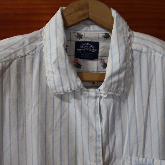 Dockers Feminine Striped Button Down Ruffle Short Sleeve Shoulder Pad Shirt Medi - Picture 7 of 10